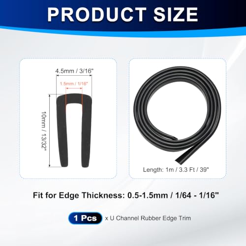 PATIKIL U Channel Rubber Edge Trim 3.3Ft Long for 1/64"–1/16" Thick Edge - size: 3.3Ft L x 3/16" W, 1/16" Slot