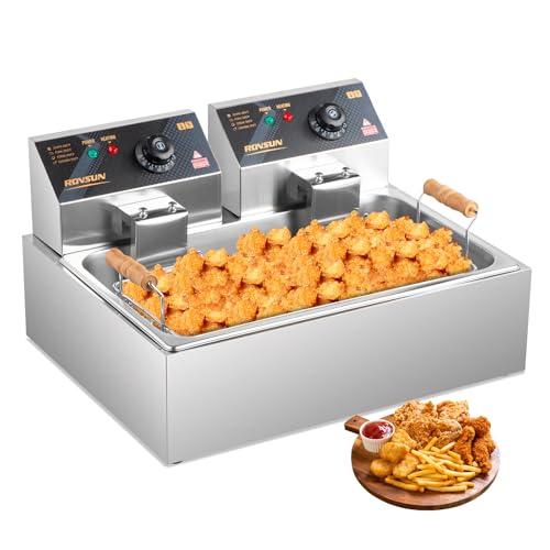 ROVSUN 23.8Qt Commercial Deep Fryer Countertop, Electric Deep Fryer with Basket, Lid & Adjustable Temp, Stainless Steel Kitchen Fat Fryer Frying Machine for French Fries Turkey Onion Rings 5000W - size: Single Fryer-23.8QT