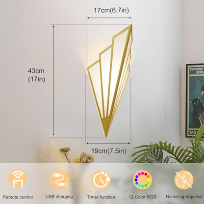 Modern Battery Operated Wall Sconces Set of Two, Simple Creative Wall Lamp Art Deco Lighting Fixture with Remote Control, RGB Dimmable Led Wall Light for Bedside Bedroom Living Room (Gold) - color: Gold