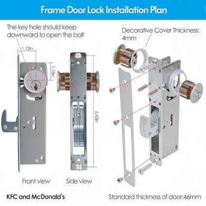 UpjiaFlarish Mortise Lock Cylinder Deadbolt - Commercial Door Locks Storefront Door Lock & Double Keyed Cylinder Set 1-1/8" Backset Hook Tongue for Home Security with 5 Keys