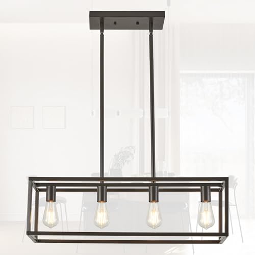 Farmhouse Rectangle Chandeliers for Dining Rooms, Modern Linear Hanging Light Fixture Matte Oil-Rubbed Bronze 4-Light Industrial Pendant Lighting for Kitchen Island - color: Oil-Rubbed Bronze, size: 4 Lights