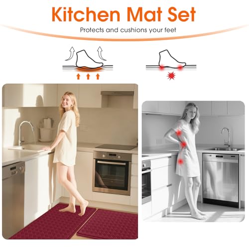 TranquilRelax 2-Piece Kitchen Mats, Cushioned Non-Slip Floor Mats, Burgundy - color: Burgundy, size: 2-Piece | 30"+47" | Standard
