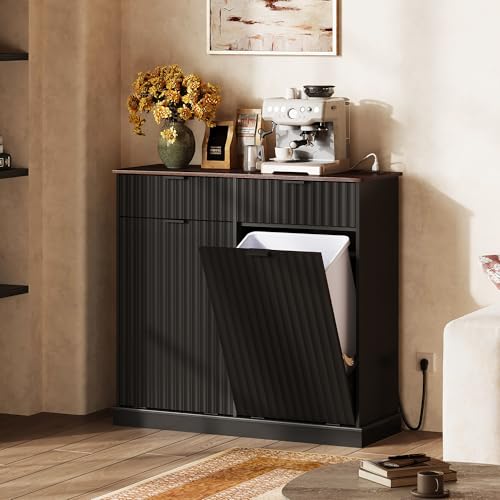 WLIVE 2 * 10 Gallon Double Tilt Out Trash Can Cabinet, Hidden Trash Can Cabinet with 2 AC+ USB Outlets, Storage Drawers, Food/Clothes Storage Pet Proof Kitchen Trash bin Cabinet for Home, Black - color: Black, size: Double Doors with Outlets