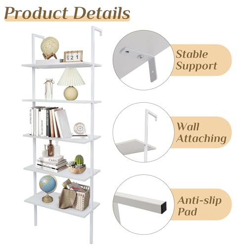 Karl home White 5 Tier Wall Mount Ladder Shelf, Metal Frame Bookcase - color: White
