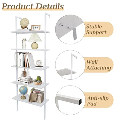 Karl home White 5 Tier Wall Mount Ladder Shelf, Metal Frame Bookcase - color: White