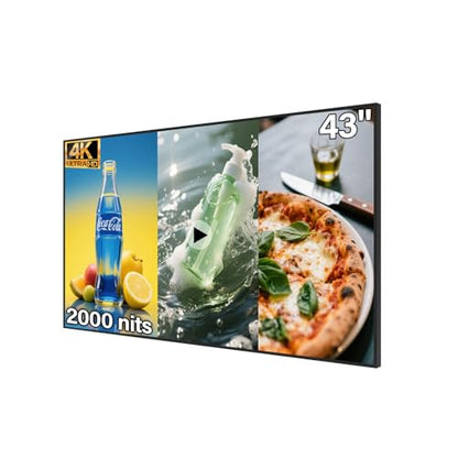 43inch Wall Mount Digital Signage, 4K 2000nits High Brightness Advertising Display, Slim Fit Frameless Digital Kiosk, CMS/Plug & Play Auto Play, 7/24 Timer Switch, Smart Split Screen Play - size: 43"+2000nits