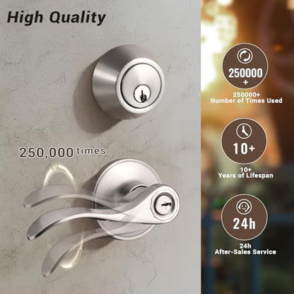 Knobonly 3 Sets of Wave Style Entry Door Handle Set with Double Cylinder Deadbolt in Satin Nickel Finish, Keyed on Both Sides, All Keyed Alike Combo Pack - color: Satin Nickel, size: 3 Pack, style: Double Cylinder