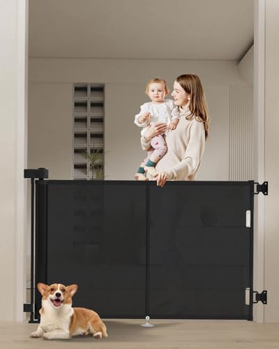 Miumoon 50 inch Reinforced Retractable Baby Gates 34 inch Tall - color: Black, size: 34" Tall x 50" Wide