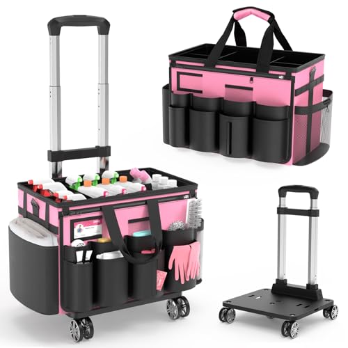 Cleaning Caddy with Wheels - Rolling Cleaning Caddy Bag with Detachable Trolley, Cleaning Caddy for Cleaning Supplies, Cleaning Bag for Housekeeping, Pink - color: Pink