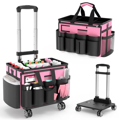 Cleaning Caddy with Wheels - Rolling Cleaning Caddy Bag with Detachable Trolley, Cleaning Caddy for Cleaning Supplies, Cleaning Bag for Housekeeping, Pink - color: Pink