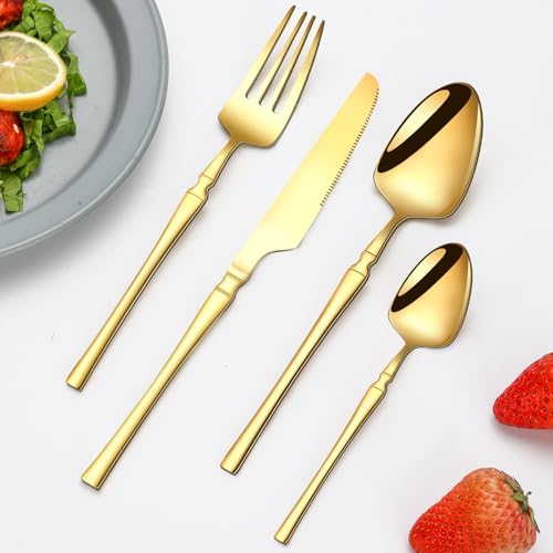 24-Piece Gold Silverware Set with Steak Knives Spoons and Forks for 6, Stainless Steel Flatware Cutlery Eating Utensils Sets,Polished Tableware for Home Kitchen Restaurant Wedding
