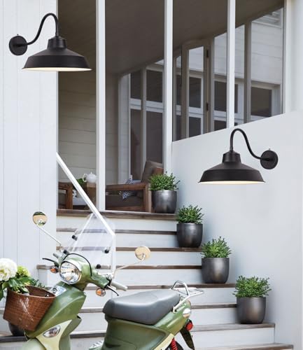 Dusk Till Dawn Gooseneck Wall Lights Black Outdoor Barn Wall Sconce Farmhouse Wall Mount Lights Black on The Outside, White on The Inside lampshade for Porch Entryway Garage 14in - size: 14 in