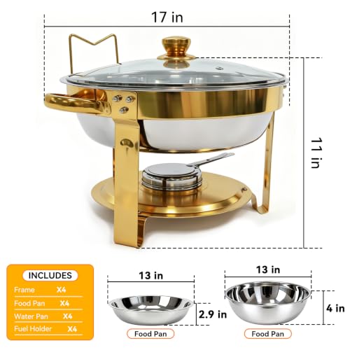 4-Pack 6QT Chafing Dishes for Buffet, 304 Stainless Steel Chafing Dish Buffet Set with Glass Lids & Lid Holders – Food Warmers for Parties, Weddings, Birthdays & Catering, Gold - color: Gold With Glass Lid