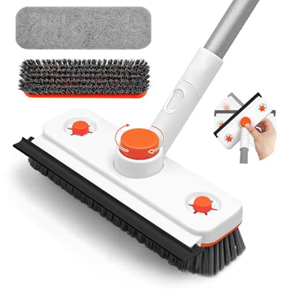 Floor Scrub Brush with Long Handle, 3-in-1 Rotating Scrubber with Squeegee