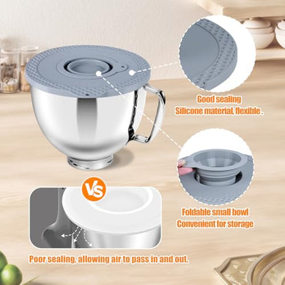 5 Quart Stainless Steel Mixer Bowl Set Compatible with KitchenAid 4.5-5 Quart Tilt-Head Stand Mixers,5 Quart mixing bowl replacement with Lid(Bowl＋Grey Cover） - color: Gray