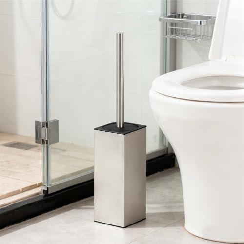 Toilet Brush and Holder Set, NEWRAIN Stainless Steel Toilet Brush with Long Brush Handle, Brushed Nickel Toilet Scrubber and Covered Holder, Square Design Sturdy and Space Saving, Covered Brush