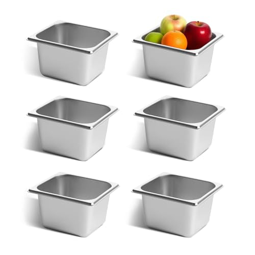 GOLDEN KEY 6 Pack Stainless Steel Hotel Pans, Anti-Jam Chafing Steam Table Pan，1/6 Size 4 Inch Deep, Stainless Steel Food Storage Containers for Home, Party, Restaurant, Hotel, Buffet - color: 1/6, size: 4" Deep