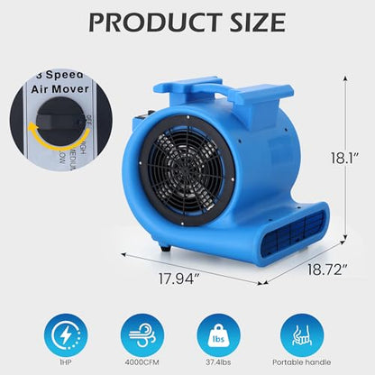Commercial 1 HP Air Mover Fan for Water Damage Restoration,4000 CFM Industrial Carpet Dryer, Blower Fans,3-Speed Floor Fan with Daisy Chain - size: 1hp