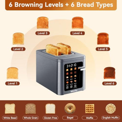 Mecity 2 Slice Toaster Smart Touchscreen, Stainless Steel Wide Slot Toasters Defrost, Reheat, Memory Function, Auto Shutoff, Digital Electric Bread Toaster for Bagel Muffin Waffle, 120V - color: 2 Slot-Brushed stainless steel gray