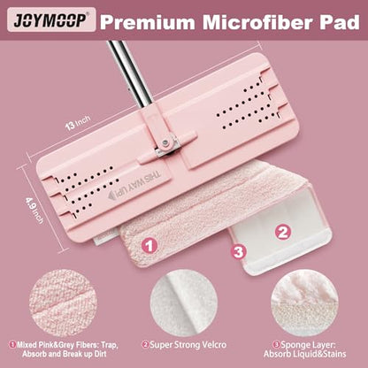 JOYMOOP Flat Mop, Microfiber Cleaning Pad for Floor Cleaning, 60" Long Handle with Flexible Mop Head, Pink - color: M