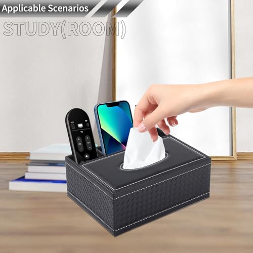 PU Leather Rectangular Tissue Box Cover - Multifunctional Tissue Box Holder with Stationery Remote Control Box, Decorative Tissue Pen Remote Organizer for Home/Office/Restaurant - color: Black Weave