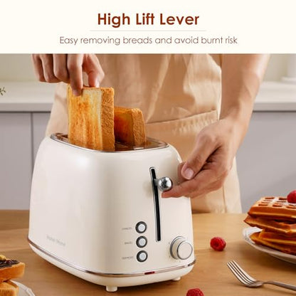 Roter Mond 2 Slice Toaster Retro Stainless Steel with Bagel, Cancel, and Defrost Functions, 6 Bread Shade Settings, Extra Wide Slots and Removable Crumb Tray, Cream - color: Cream