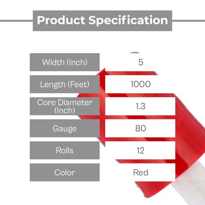 PSBM Dark Red Mini Stretch Film/Wrap with Handle 5" x 1000' 80 GA 12 Rolls - color: Red, size: 5 Inch