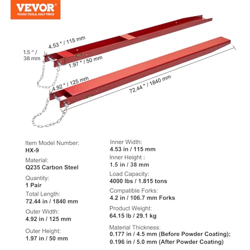 VEVOR Forklift Extensions, 72 Inch Fork Extensions 4.5 Inch Width, 1 Pair Heavy Duty Fork Extensions with Pins for Forklifts Truck - size: ‎72 x 4.5 Inch