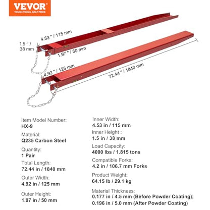 VEVOR Forklift Extensions, 72 Inch Fork Extensions 4.5 Inch Width, 1 Pair Heavy Duty Fork Extensions with Pins for Forklifts Truck - size: ‎72 x 4.5 Inch