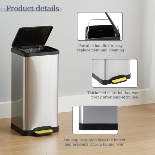 3 Compartment Pedal Recycling Bin Set, 45 L (3 × 15 L) Soft-Close Trash Can with Lids, Color Coded Step-On Stainless Steel Recycling Bins for Kitchen & Home