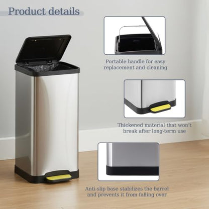 3 Compartment Pedal Recycling Bin Set, 45 L (3 × 15 L) Soft-Close Trash Can with Lids, Color Coded Step-On Stainless Steel Recycling Bins for Kitchen & Home