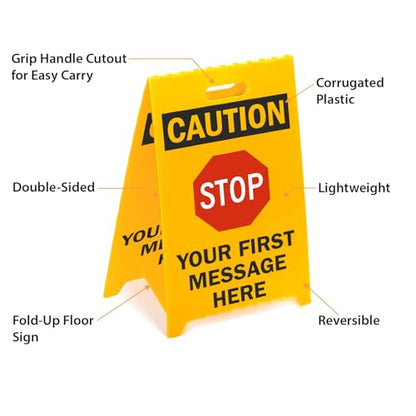 SmartSign Custom 'STOP' Reversible Folding Floor Sign, 2-Sided Corrugated Plastic, A-Frame Standing Floor Sign, 20" x 11", Made in USA