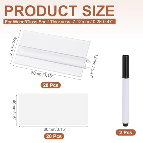 PATIKIL 3.1" x 1.7" Wire Shelf Label Holder, 20 Pack Reusable Plastic Price Tag Display Clip for 0.28" to 0.47" Thick Shelves with Paper Inserts Pens for Home Market Store, Clear - size: 3.1" x 1.7"(0.28-0.47)