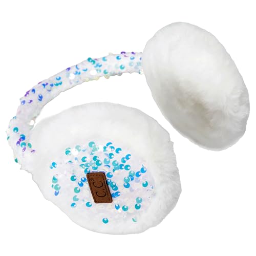 Funky Junque Women’s Winter Earmuffs - Cable Knit & Sequin - color: Sequin - White