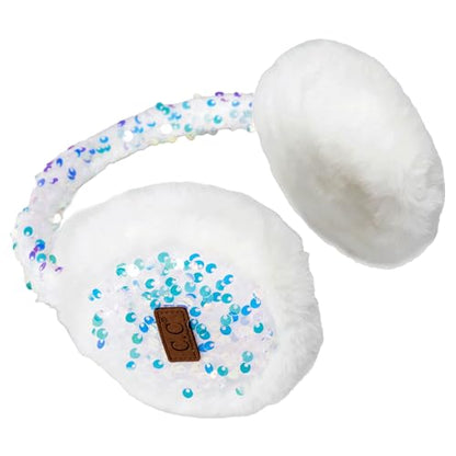 Funky Junque Women’s Winter Earmuffs - Cable Knit & Sequin - color: Sequin - White