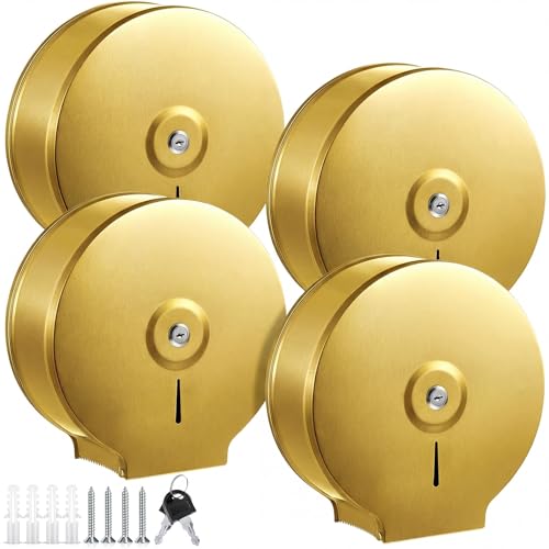 Mifoci 4 Pcs Industrial Toilet Paper Holder Commercial Roll Dispenser Wall Mount Stainless Steel Jumbo Tissue Dispenser Fits 9" Roll Toilet Paper for Office Home Public Places (Gold) - color: Gold