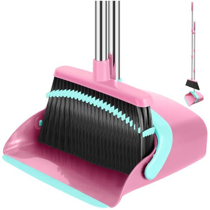 NACENA Broom and Dustpan Set with 52-in Long Adjustable Handle, Pink Blue - color: Pink-blue, size: 1 Pack