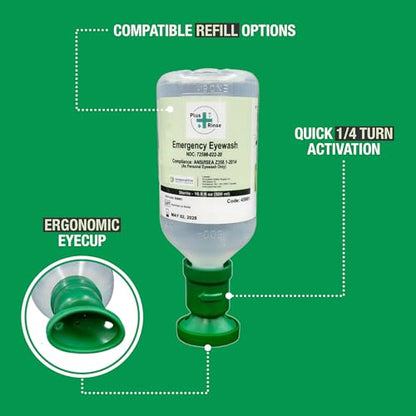 Sterile Saline Eyewash Solution 2-Pack - 500 mL (16.9 fl oz) Bottles + Ergonomic Cup - Emergency Eye Station Refill for Flushing & Irrigating Eyes, 8.5" H, 3" W, 3" L, by Plum