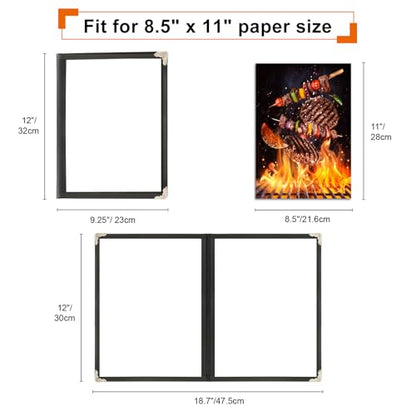2 Pack Menu Covers 8.5 x 11 Inch, Black Faux Leather Menu Holder, 2 Page 4 View Clear Transparent Restaurant Menu Sleeves for Cafe, Bar, Wedding & Restaurant
