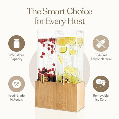 1.25 Gallon Dual Acrylic Beverage Dispenser with Bamboo Stand – Iced Drink Dispenser with Stainless Steel Spigot & Built-in Ice Core