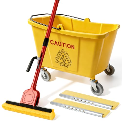 Commercial Sponge Mop and Bucket Set with Wheels for Floor Cleaning - size: 1 mop +2 mop heads+ 1 Bucket