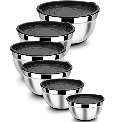 LIANYU Nesting Mixing Bowls Set of 6, Size 7, 3.5, 2.5, 2, 1.5, 1QT - color: Black, style: Anchor Base with Airtight Lids