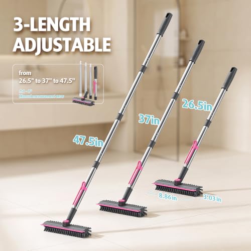 AIR U+ Floor Scrub Brush with Long Handle, 4 in 1 Floor Scrubber & Squeegee - color: Gray and Pink