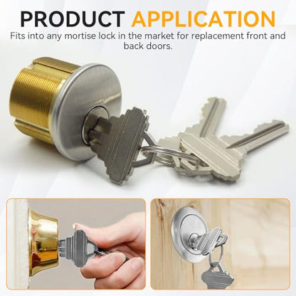 2 Pack Brass Mortise Cylinder Lock with SC Keyway, 1 Inch Length Keyed Standard SC1 Keyway, Standard Commercial Door Replacement Lock Mortise Cylinder for Home Aluminum Door