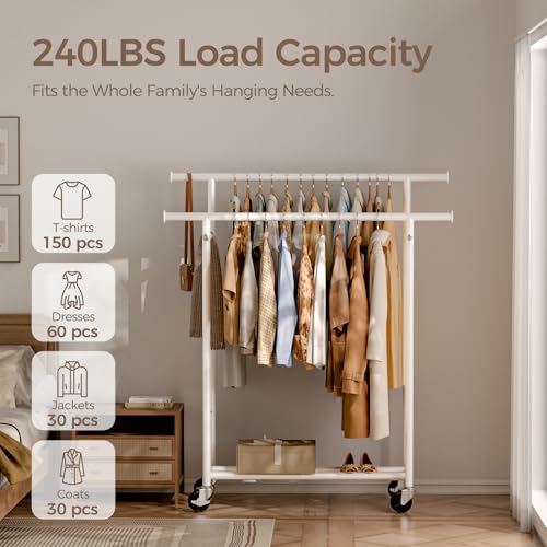 HYSEYY Clothes Rack, Double Rods Rolling Clothing Rack for Hanging Clothes, Portable Garment Rack with Wheels, Coat Rack Wardrobe Closet Load 240 LBS for Bedroom Laundry Room (White, L) - color: White