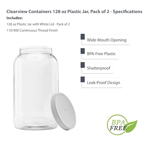 128 oz (1 Gallon) Plastic Jar, White Lid, 2-Pack - size: 2pk -128oz Jar, White Lid