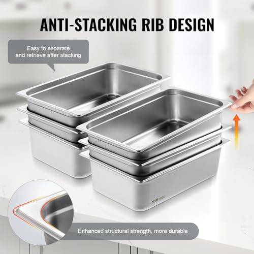 VEVOR 6 Pack Hotel Pans, Full Size 0.8mm Thick 6-Inch Deep Commercial Stainless Steel Restaurant Steam Table Pan, Catering Storage Food Pan, for Industrial & Scientific - size: 1/1 Size, style: 6 Inch Deep Thickened
