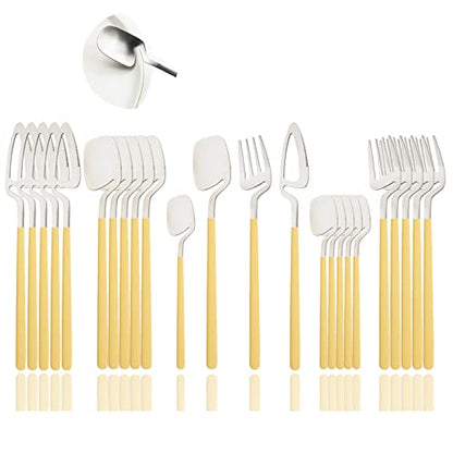 JASHII Silverware Set Satin Finish 24-Piece Stainless Steel Flatware Set Kitchen Utensil Set Service for 6 Tableware Cutlery Set Dishwasher Safe (Matte Yellow Silver) - color: Yellow silver 24pcs, size: service 6