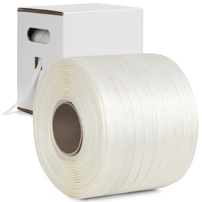 Heavy Duty Woven Cord Flat Rope - 1000ft x ½” Roll - Banding & Pallet Strapping Kit - Includes Virgin Polyester Strapping Roll & Self-Dispensing Box