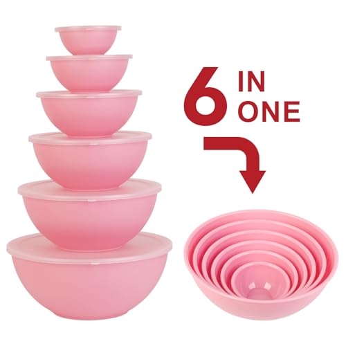 BoxedHome BPA Free Plastic Round Mixing Bowl with Lids, 12 Pack Nesting Bowls with Lids Set, Microwave and Dishwasher Safe Prep & Serving Bowls Great for Mixing, Baking, Serving (Pink, 12pcs) - color: Pink